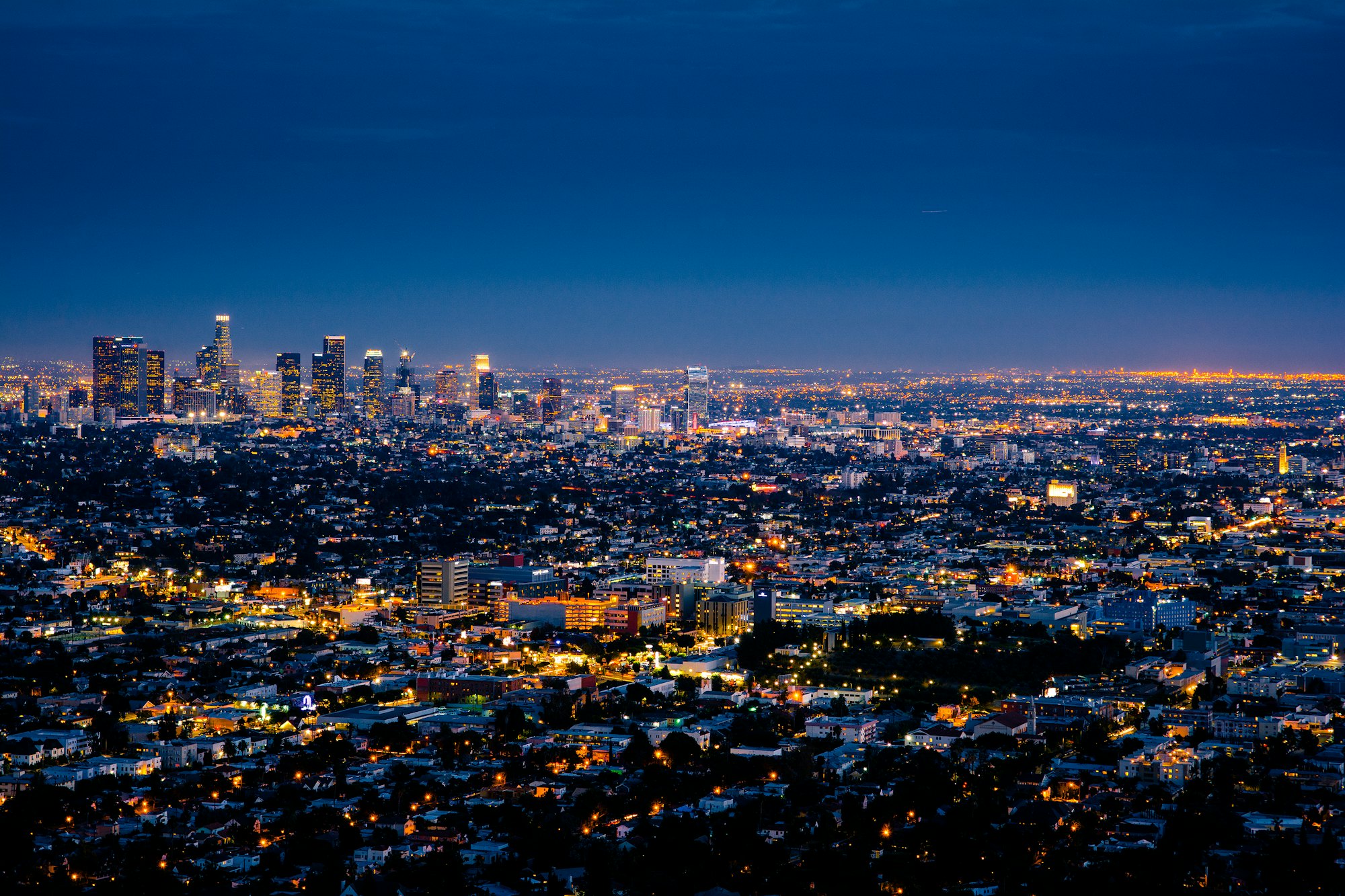 An American city skyline at dusk